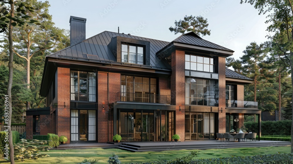 Large luxury modern house with brick cladding showing front and side views. The glazed roof adds light and space to this spacious home. Large luxury modern house with brick cladding showing front and side views. The glazed roof adds light and space to this spacious home.