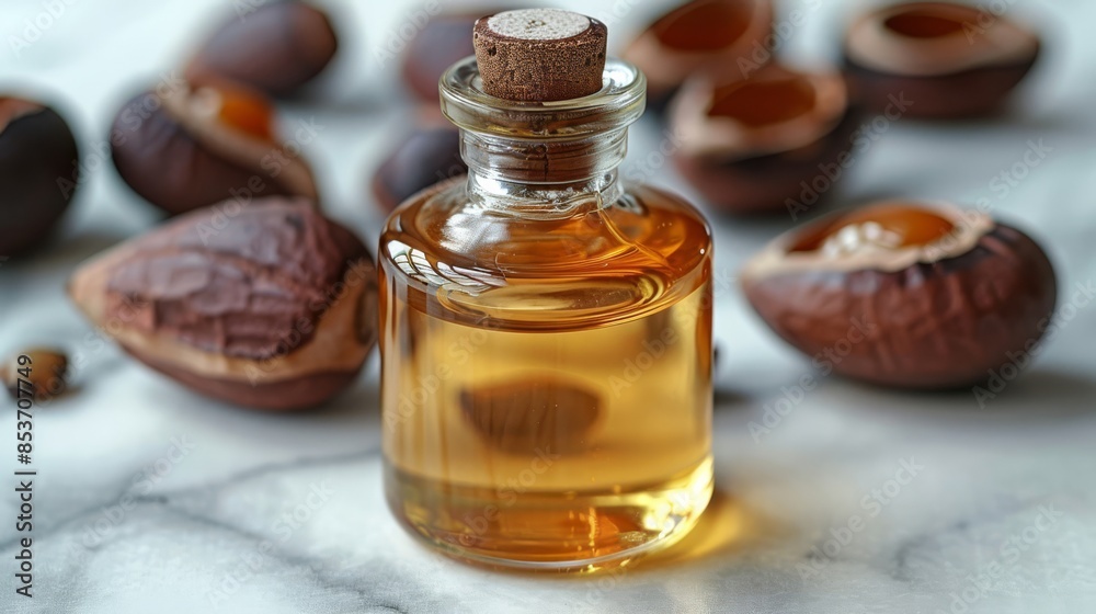 Close-Up of a Glass Bottle Filled with Nut Oil Surrounded by Nut Shells on Marble Surface. Close-Up of a Glass Bottle Filled with Nut Oil Surrounded by Nut Shells on Marble Surface.