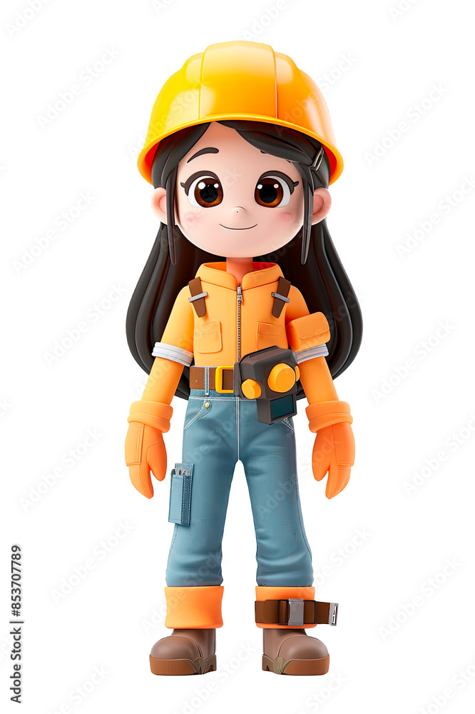 3D cartoon of a girl dressed with a worker uniform isolated on a cut out png transparent background 3D cartoon of a girl dressed with a worker uniform isolated on a cut out png transparent background