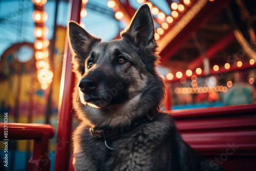 Portrait of a curious norwegian elkhound isolated in vibrant amusement park photo