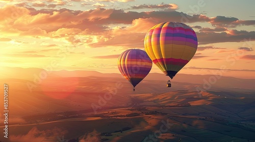 two colorful hot air balloons floating over the valley at dawn, against the backdrop of hills and mountains, colorful sky, warm lighting, romantic landscapes.