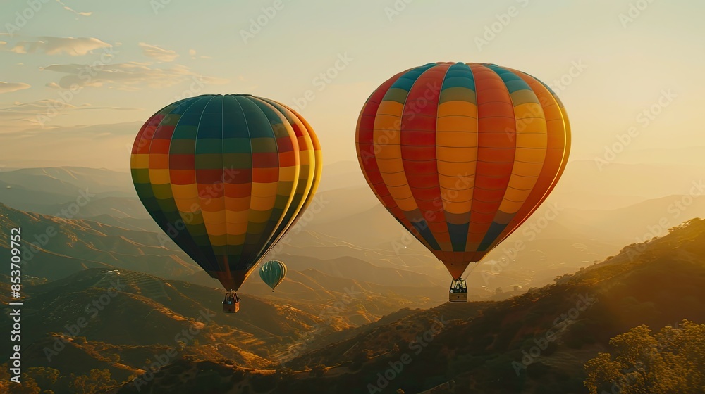Fototapeta premium two colorful hot air balloons floating over the valley at dawn, against the backdrop of hills and mountains, colorful sky, warm lighting, romantic landscapes.