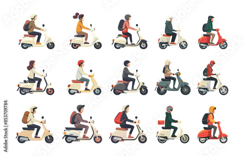 People riding scooter cartoon vector set. Men woman helmets casual clothes drive two wheel motor city vehicle moped, illustration isolated on white background