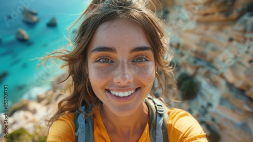 Close-up of a cheerful young woman with a backpack taking a selfie with a rocky coast in the background