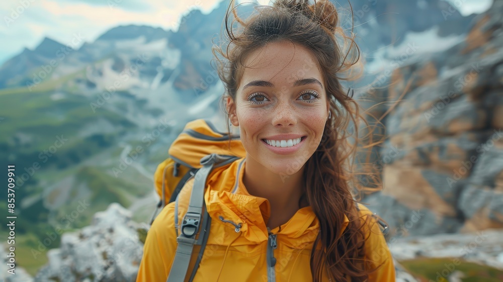Confident woman hiker with mountains in the backdrop capturing her smile in a selfie Confident woman hiker with mountains in the backdrop capturing her smile in a selfie