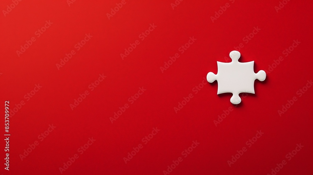 Single jigsaw puzzle piece on a red background, symbolizing problem-solving, creativity, and completion in a minimalist style.