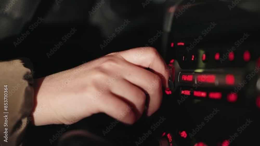 woman's hand turning the FM radio knob inside a car at night. The dashboard is illuminated with red lights woman's hand turning the FM radio knob inside a car at night. The dashboard is illuminated with red lights