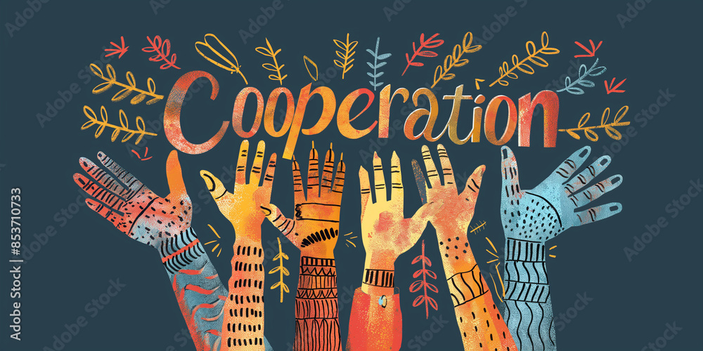 Fototapeta premium Colorful Hands Raised in Cooperation, Unity Concept | Diverse Hands and Cooperation Text, Community Art 