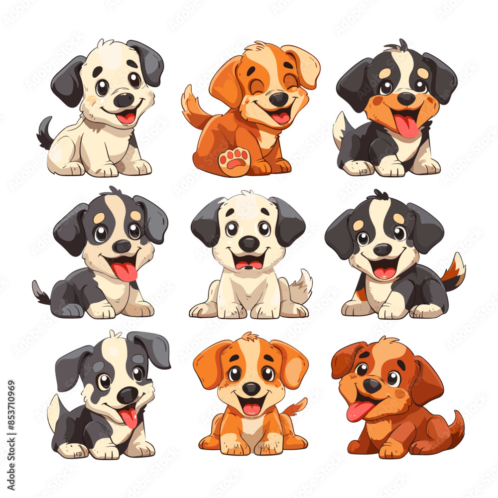 Obraz premium Puppies cartoon vector set. Small cute dogs wool eared black brown spotted positive pets friend faithful companion animals isolated illustration on white background