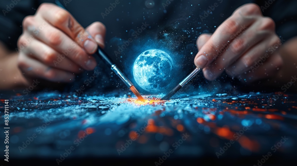 Hands crafting cosmic scene with futuristic tools, constructing a mini Earth. Sci-fi art symbolizes creation and technology integration. Hands crafting cosmic scene with futuristic tools, constructing a mini Earth. Sci-fi art symbolizes creation and technology integration.