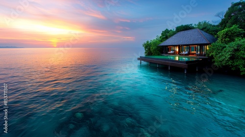 Idyllic overwater bungalow in tropical paradise at sunset, surrounded by crystal clear turquoise waters and lush greenery.