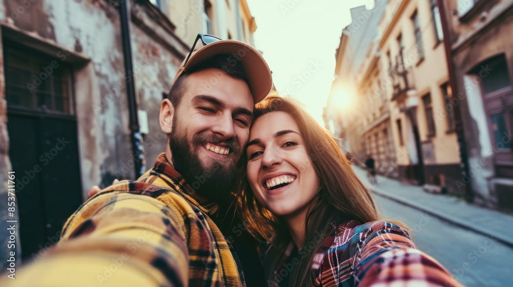 happy couple taking a selfie together on a city street portrait close-up happy couple taking a selfie together on a city street portrait close-up