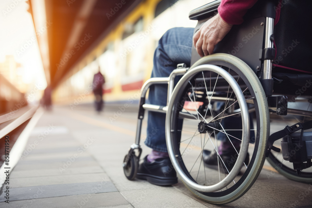 Obraz premium a person with disabilities in a wheelchair at the station, accessibility of transport for disabled people, close-up