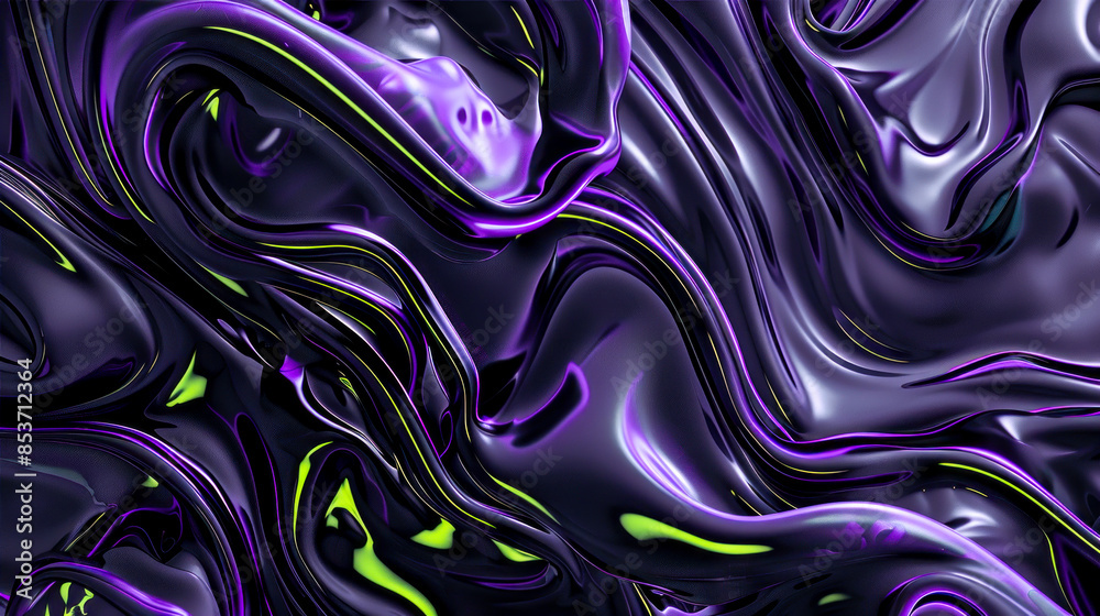 Obraz premium Abstract swirling pattern of dark purple and neon green liquid shapes, creating a mesmerizing, otherworldly texture. Concept of digital art, futuristic design, and the allure of fluid motion