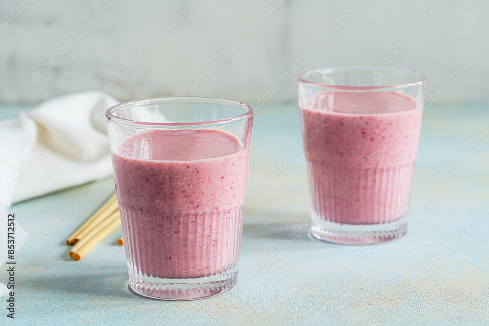 Healthy strawberry smoothie with yogurt, wheat straw Healthy strawberry smoothie with yogurt, wheat straw