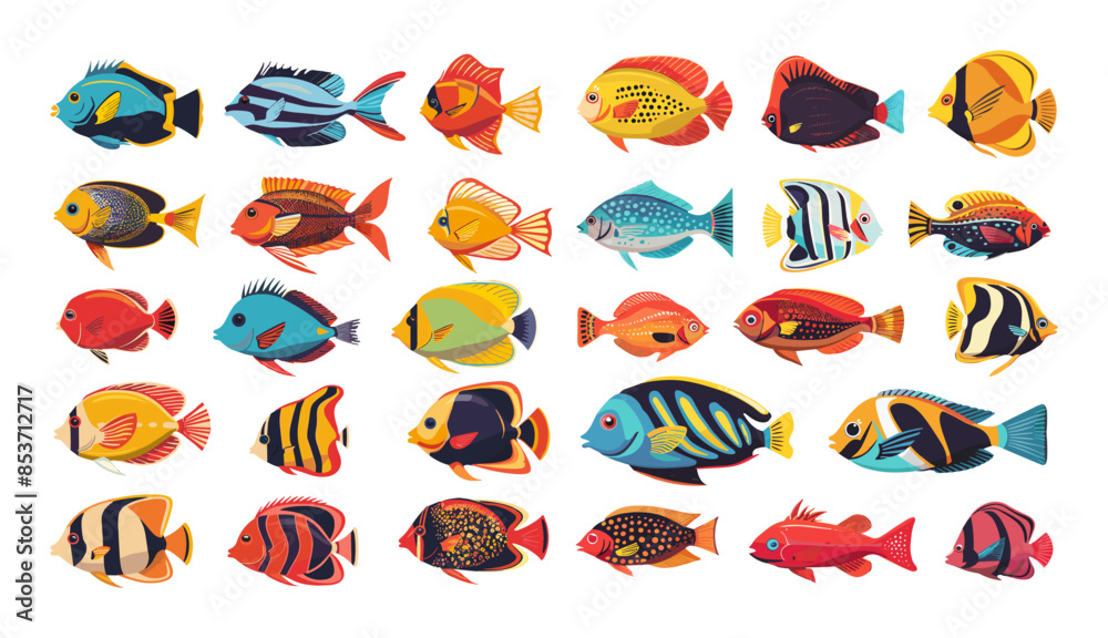Obraz premium Sea fish cartoon vector set. Grouper cod tuna herring fins snorkeling coral oceanic creatures animals isolated on white background