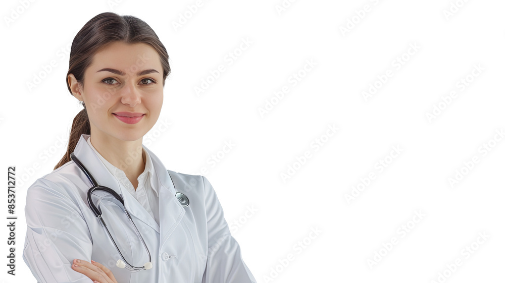 Young female doctor in white coat with stethoscope, isolated on white background, smiling, arms crossed. Premium PNG format, transparent background. Ideal for healthcare, medical ads, and educational Young female doctor in white coat with stethoscope, isolated on white background, smiling, arms crossed. Premium PNG format, transparent background. Ideal for healthcare, medical ads, and educational