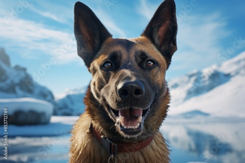 Portrait of a funny belgian malinois dog isolated on backdrop of an arctic landscape