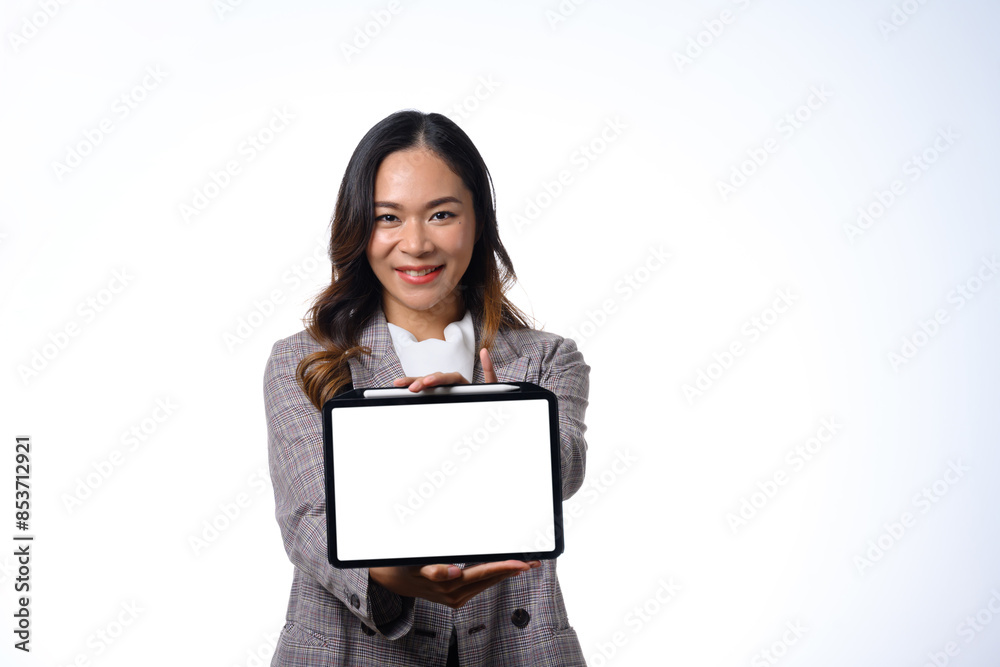Cheerful businesswoman in formal suit showing digital tablet with empty screen on white background Cheerful businesswoman in formal suit showing digital tablet with empty screen on white background