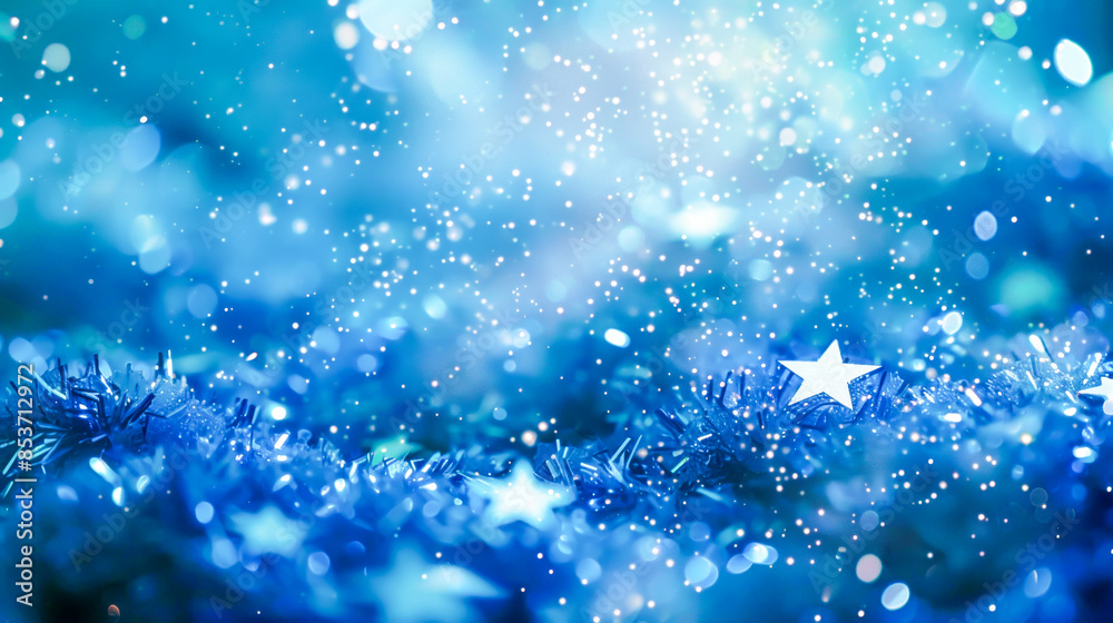 Festive blue Christmas background with sparkling lights, tinsel, and star decorations, creating magical and joyful holiday atmosphere. Concept of seasonal celebration, winter wonder and festive spirit Festive blue Christmas background with sparkling lights, tinsel, and star decorations, creating magical and joyful holiday atmosphere. Concept of seasonal celebration, winter wonder and festive spirit