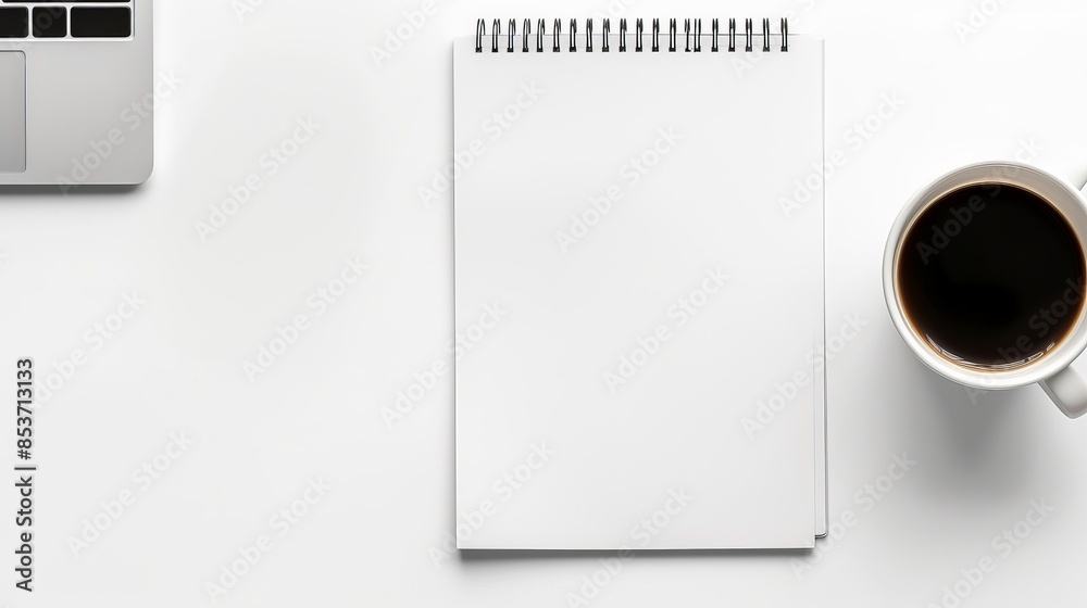 Top view of a blank notepad, laptop, and coffee cup on a white desk. Perfect for concepts of productivity, writing, and workspace. Top view of a blank notepad, laptop, and coffee cup on a white desk. Perfect for concepts of productivity, writing, and workspace.