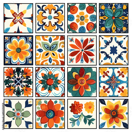 Spanish color tiles cartoon vector set. Squares flowers stems shoots plants ornaments portuguese mediterranean kitchen mosaic, elements isolated on white background