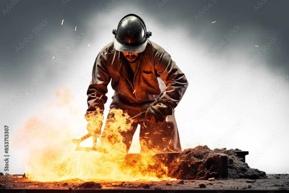 Worker in protective gear handling molten metal in an industrial foundry, showcasing the intense heat and demanding nature of metalworks. Worker in protective gear handling molten metal in an industrial foundry, showcasing the intense heat and demanding nature of metalworks.