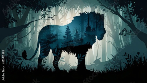 wild lion silhouette, lion silhouette in forest vector - wildlife photography & nature illustration