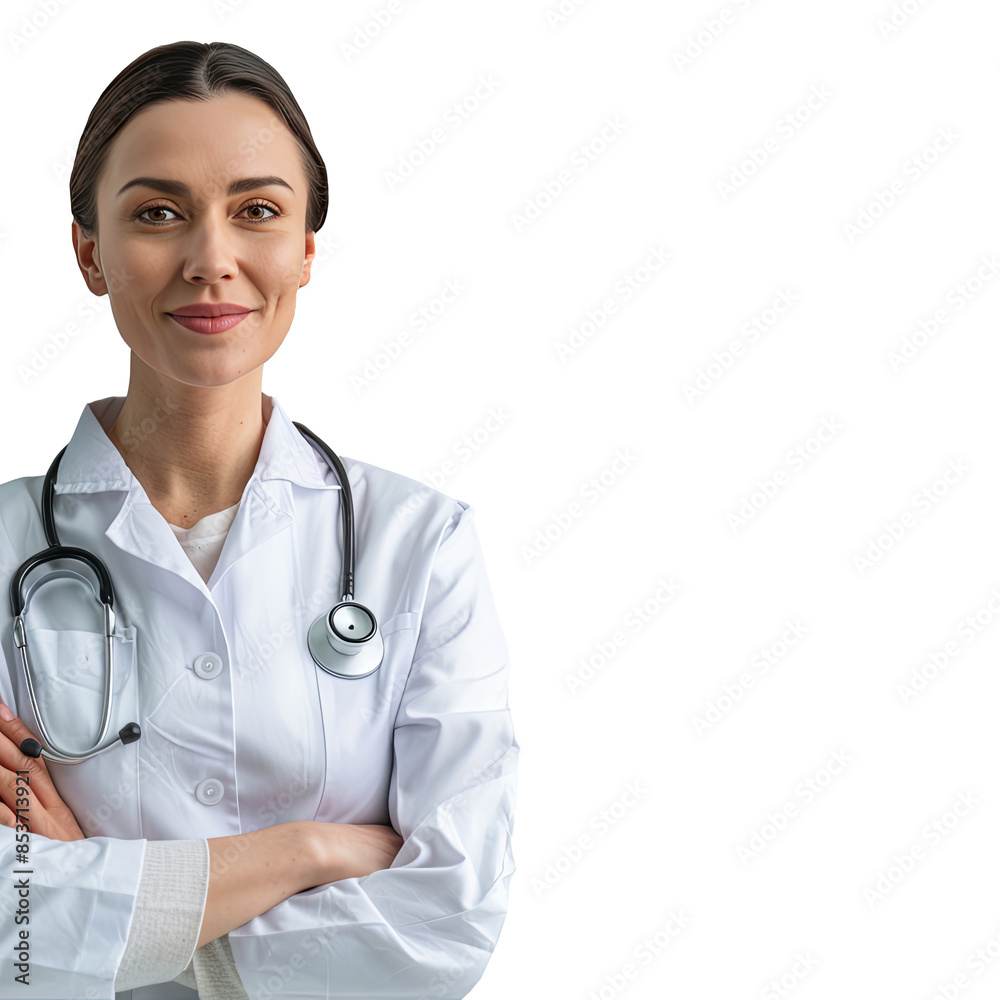 Young female doctor in white coat with stethoscope, isolated on white background, smiling, arms crossed. Premium PNG format, transparent background. Ideal for healthcare, medical ads, and educational Young female doctor in white coat with stethoscope, isolated on white background, smiling, arms crossed. Premium PNG format, transparent background. Ideal for healthcare, medical ads, and educational