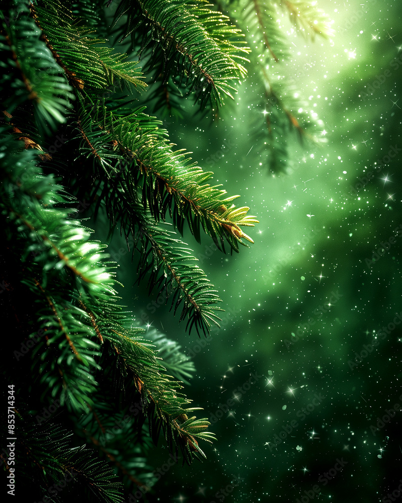 A tree with green leaves and snowflakes falling on it. The snowflakes are scattered all over the tree, creating a peaceful and serene atmosphere A tree with green leaves and snowflakes falling on it. The snowflakes are scattered all over the tree, creating a peaceful and serene atmosphere