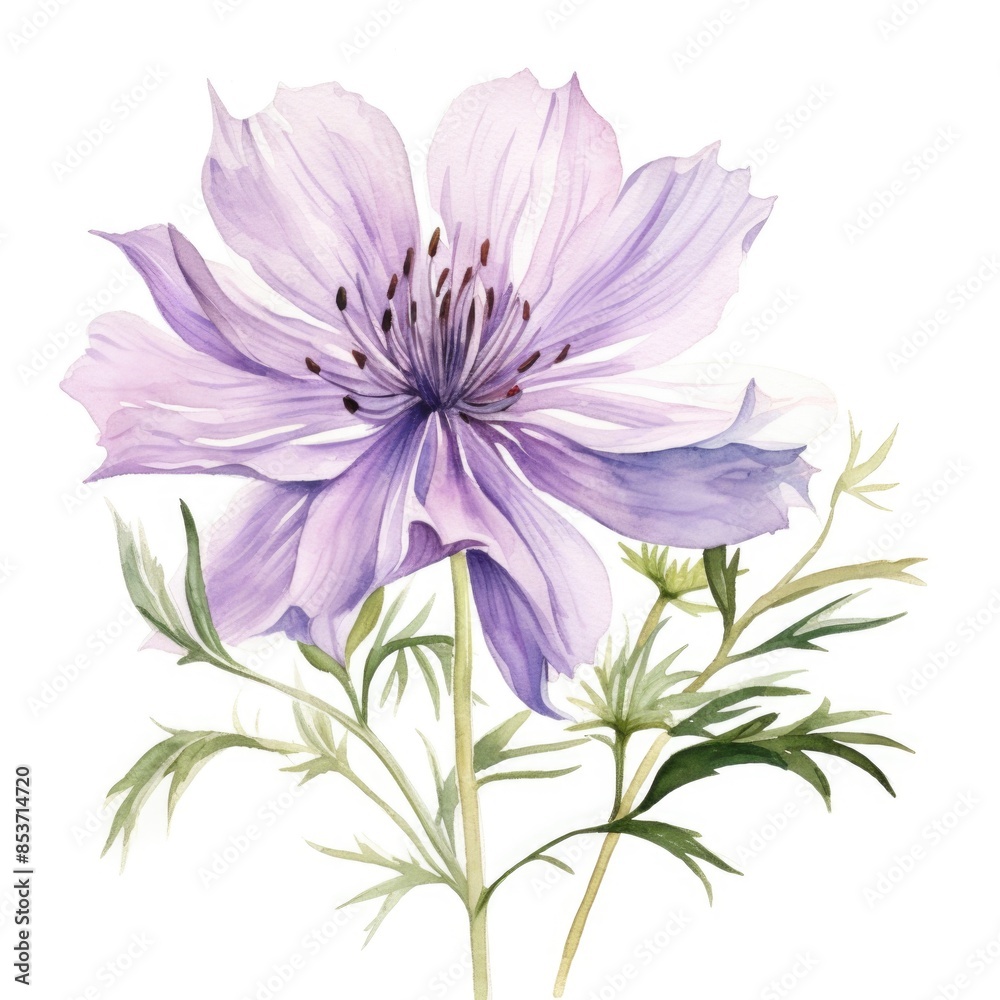 Obraz premium Nigella flower watercolor illustration. Floral blooming blossom painting on white background