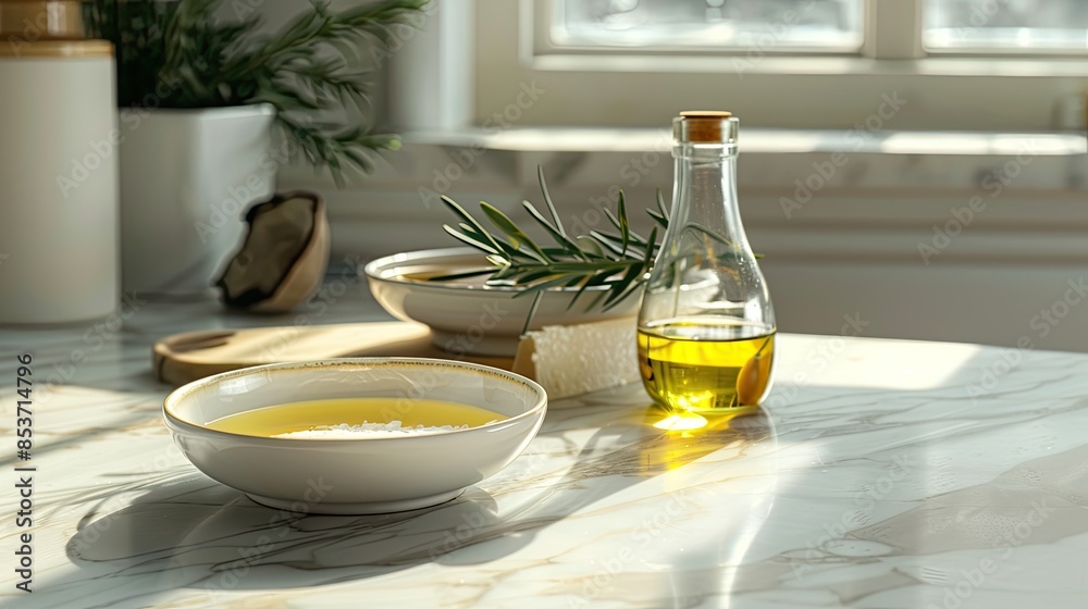 High-Quality Image of a Bowl of Olive Oil Next to a Baguette on a Rustic Wooden Surface High-Quality Image of a Bowl of Olive Oil Next to a Baguette on a Rustic Wooden Surface