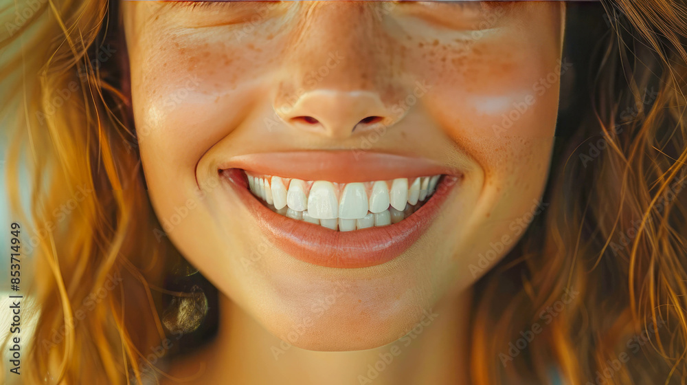 Close-up of a young woman with a radiant smile, showcasing perfect teeth and natural freckles, with sunlight highlighting her joyful expression Close-up of a young woman with a radiant smile, showcasing perfect teeth and natural freckles, with sunlight highlighting her joyful expression