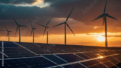 Solar Panels and Wind Turbines in Beautiful Sunset concept green alternative eco-friendly energy generation of electricity energy