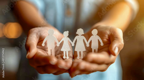 Hands holding paper family cutout, family home, foster care, world mental health day