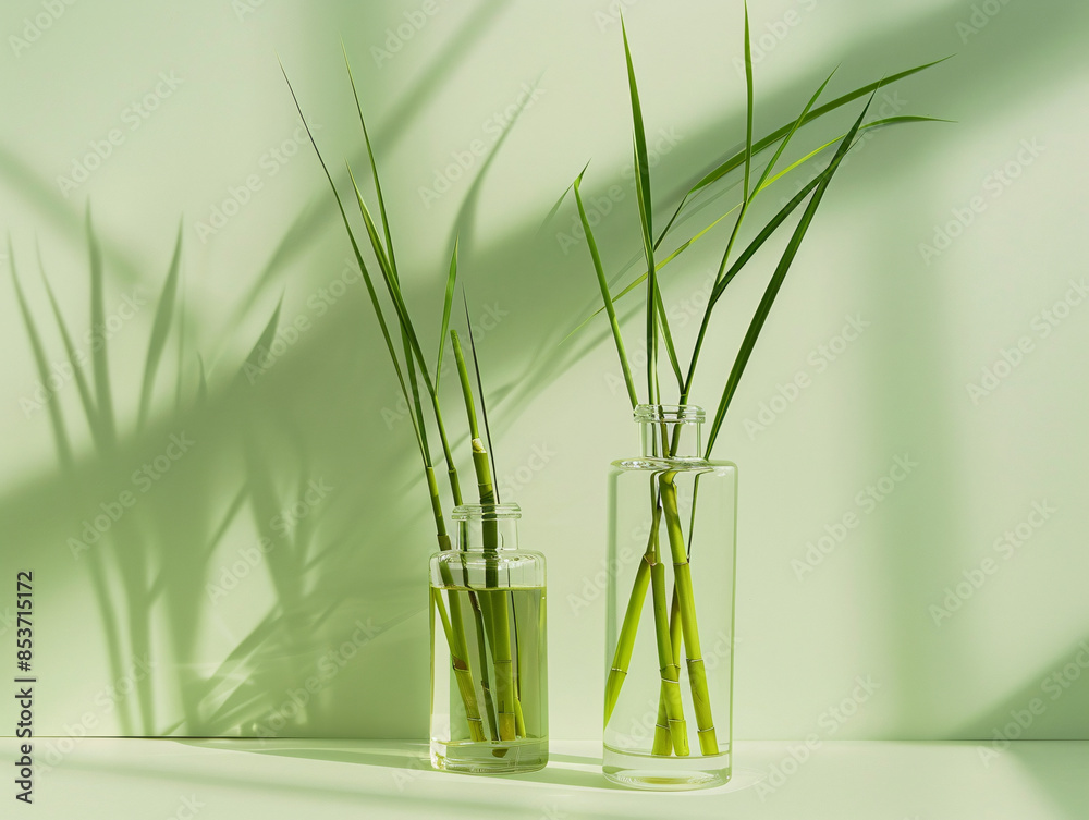 a couple of glass vases with grass in them a couple of glass vases with grass in them
