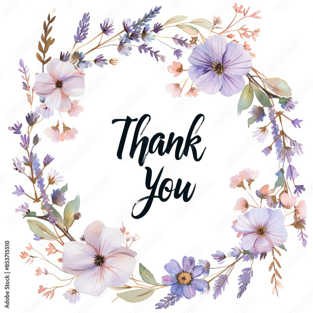 Thank you card in a bouquet of lavender, cotton flowers and rustic leaves on a white background Thank you card in a bouquet of lavender, cotton flowers and rustic leaves on a white background