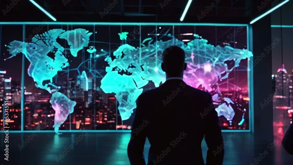 A person is standing with their back to the camera, looking at a large screen with a map of the world on it. The map is glowing and there are lights in the background. A person is standing with their back to the camera, looking at a large screen with a map of the world on it. The map is glowing and there are lights in the background.