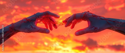 Hands Entwined with Red Strings Against a Vibrant Sunset Sky photo