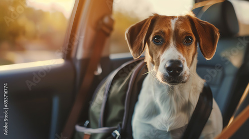 family dog with a travel bag sits patiently in the backseat of a car, eager for the adventure of a new location photo