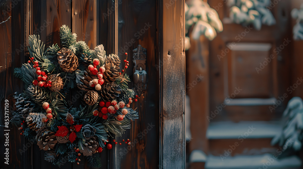 Close-up of a pastel-colored Christmas wreath hanging on a rustic wooden door, creating a cozy and inviting entrance for the holiday season Close-up of a pastel-colored Christmas wreath hanging on a rustic wooden door, creating a cozy and inviting entrance for the holiday season