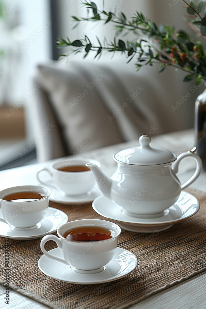 Minimalist photo of a traditional Islamic tea set arranged on a plain white table, Minimalist photo of a traditional Islamic tea set arranged on a plain white table,