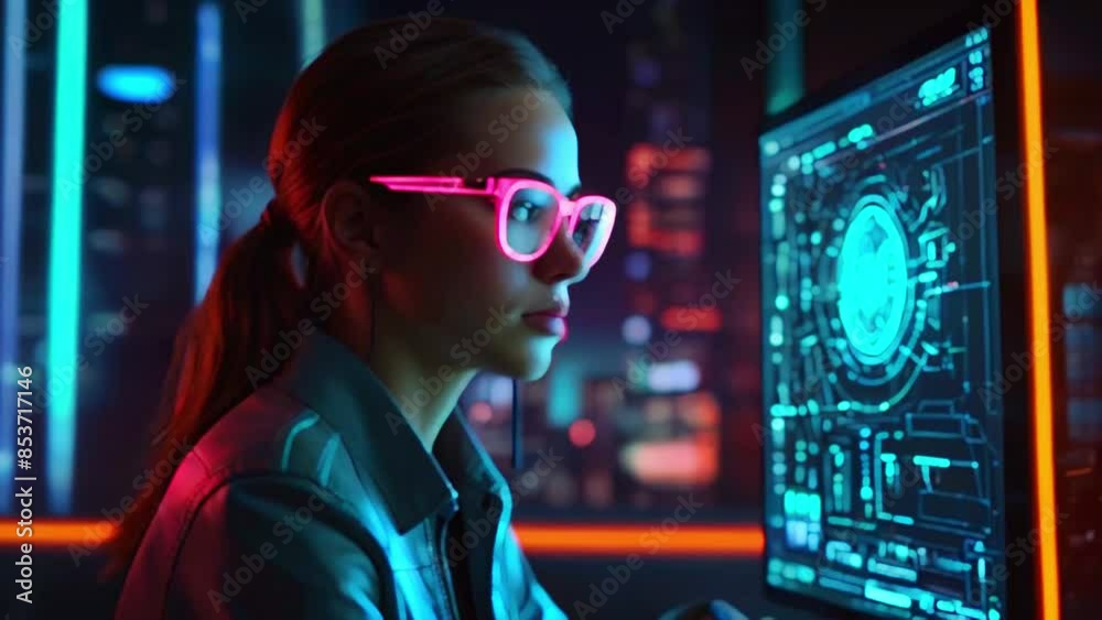 A young woman wearing pink glasses is looking at a computer screen with a futuristic interface. A young woman wearing pink glasses is looking at a computer screen with a futuristic interface.