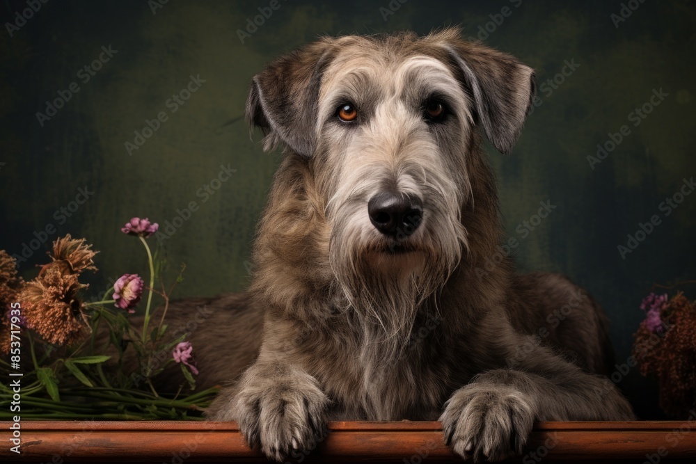 Portrait of a funny irish wolfhound dog on serene meditation room Portrait of a funny irish wolfhound dog on serene meditation room