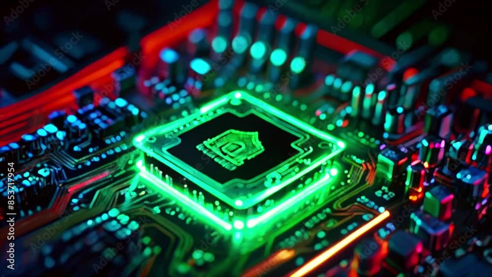 A close-up of a computer circuit board with a green glowing CPU. A close-up of a computer circuit board with a green glowing CPU.