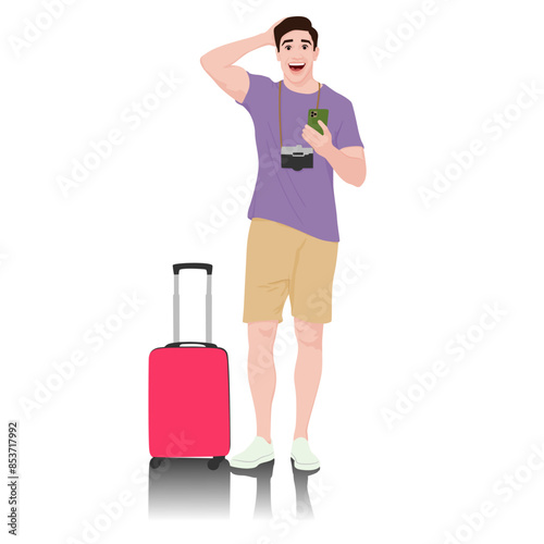 Young man tourist with camera and smartphone. Male in casual clothes with a suitcase. Young male traveler goes on a journey. Vector illustration isolated on white