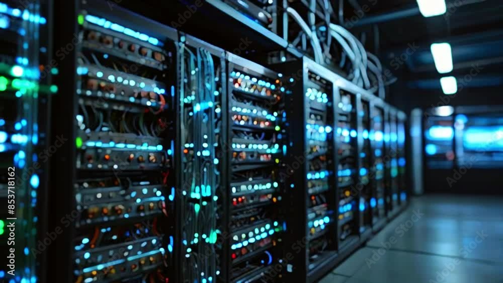 A server room filled with rows of tall black server racks with blinking green and blue lights. A server room filled with rows of tall black server racks with blinking green and blue lights.