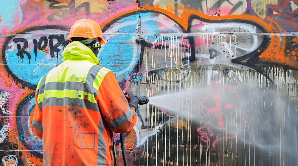 Obraz premium A worker in a safety suit pressure washes graffiti off a wall.