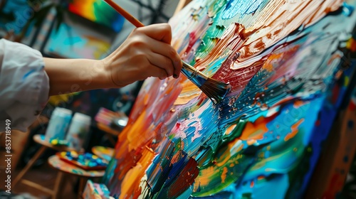 An artist's hand is holding a paintbrush and painting on a canvas. © Nijat