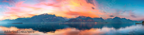 panoramic view of colorful sunset over calm sea lake with mountain range background